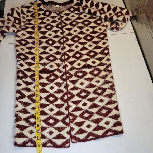 Carapace Longline Cardigan Maroon and White Geometric Aztec Pattern Women's S - Picture 12 of 12